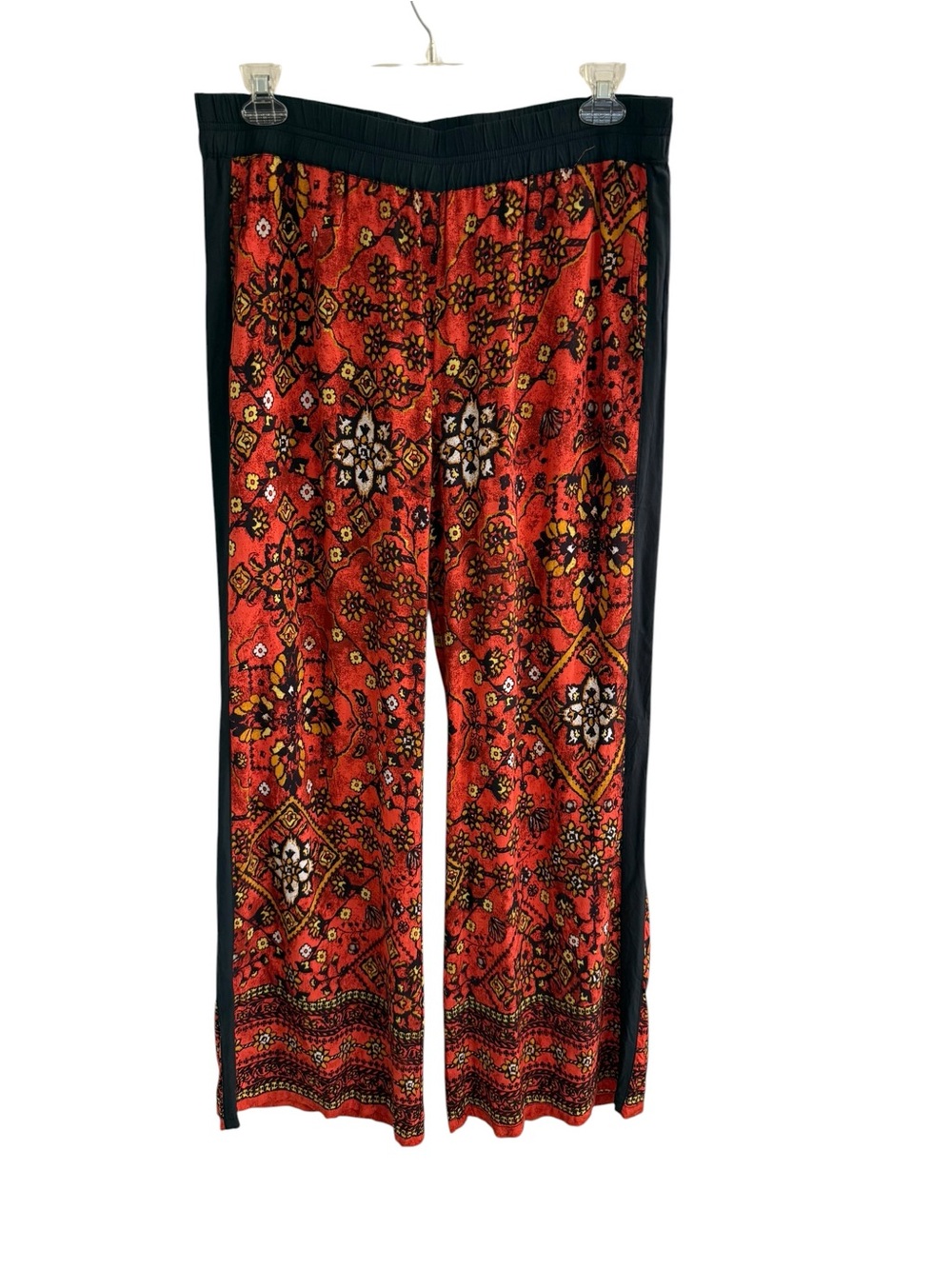 Anthropologie Red Floral-Print Wide-Leg Pants with Black Trim